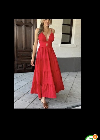 s Beden kırmızı Renk Kırmızı İnce Askılı Sırt Dekolteli Uzun Bohem Elbise
