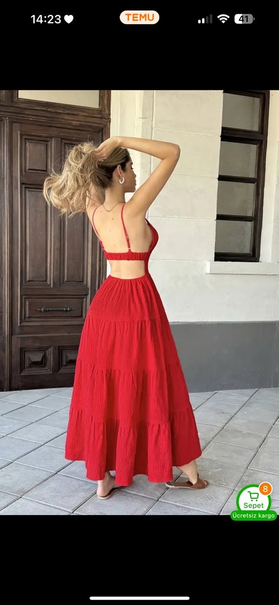 Kırmızı İnce Askılı Sırt Dekolteli Uzun Bohem Elbise - Görsel 2