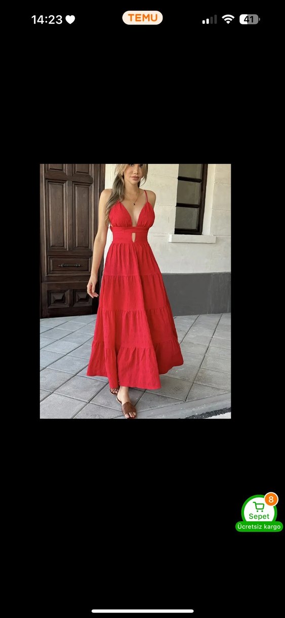 Kırmızı İnce Askılı Sırt Dekolteli Uzun Bohem Elbise - Görsel 4