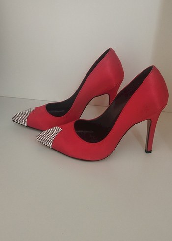 Kadın Kırmızı saten Taşlı Stiletto - Görsel 2