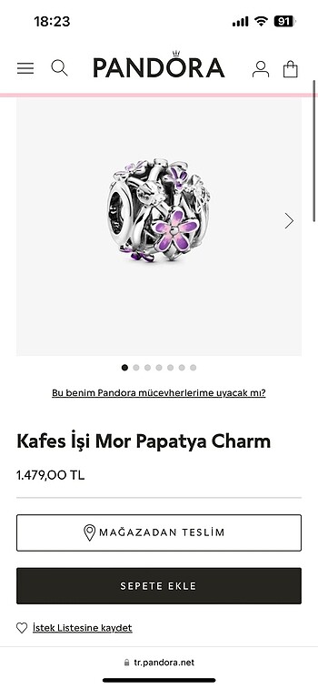 Pandora Kafes işi mor papatya charm