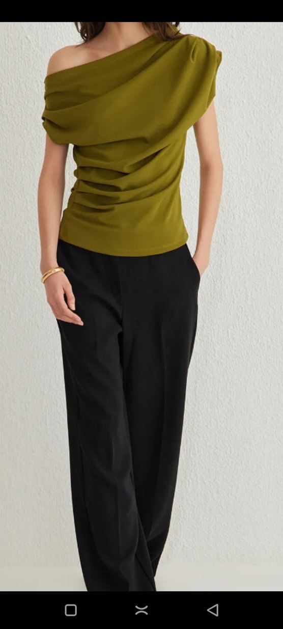 Drapeli Straplez Kadın Bluz - Haki - Görsel 5