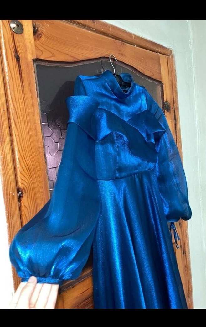 Uzun Lacivert Drapeli Kadın Elbise - Görsel 3