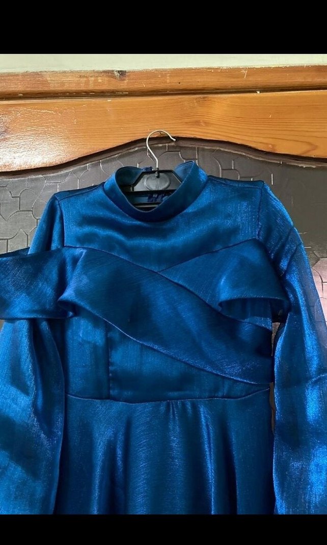 Uzun Lacivert Drapeli Kadın Elbise - Görsel 2