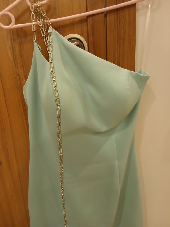 Bebe mavisi Drapeli V Yaka Uzun Abiye Elbise - Görsel 2