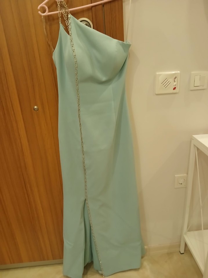 Bebe mavisi Drapeli V Yaka Uzun Abiye Elbise - Görsel 3