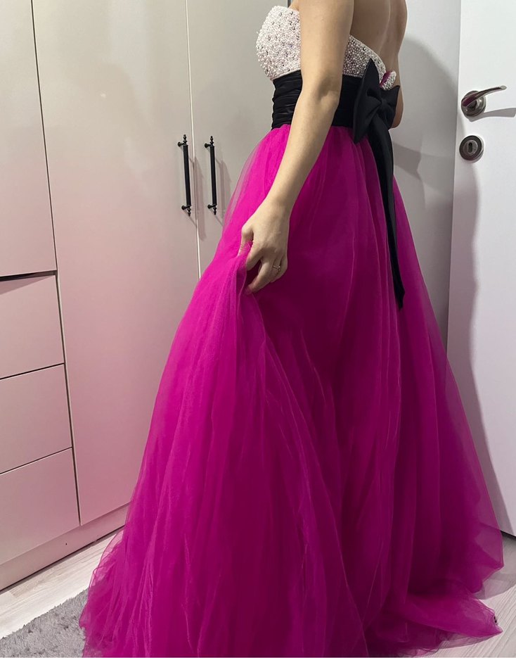 Uzun Straplez Pembe Abiye Elbise - Görsel 3