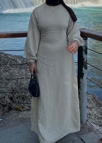 Bej Uzun Keten Elbise Yüksek Yakalı - Görsel 3