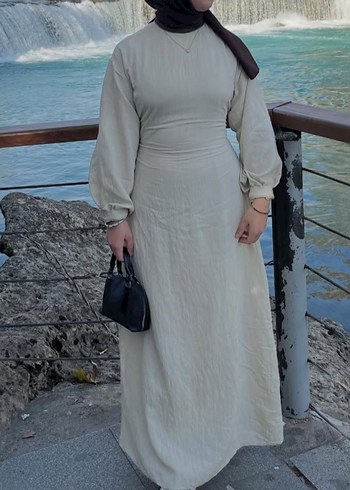 Bej Uzun Keten Elbise Yüksek Yakalı - Görsel 2