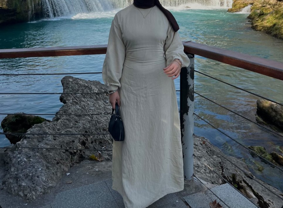 Bej Uzun Keten Elbise Yüksek Yakalı - Görsel 3