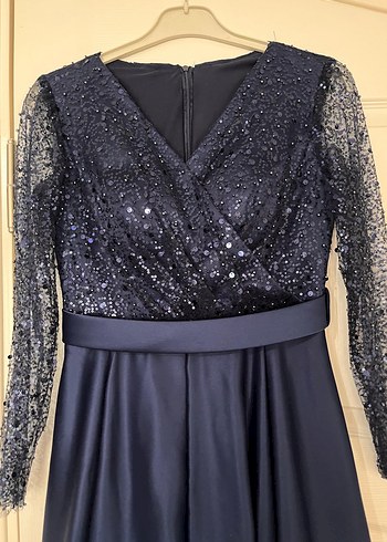 Uzun Kollu Lacivert Drapeli Abiye Elbise - Görsel 6