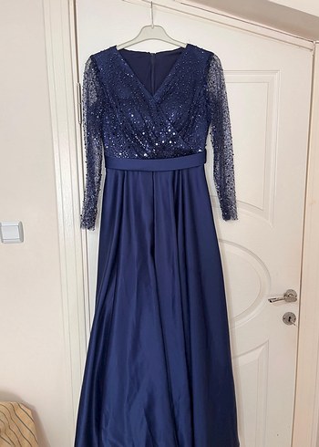 Uzun Kollu Lacivert Drapeli Abiye Elbise - Görsel 3