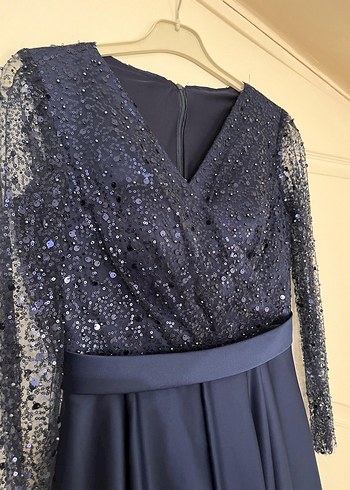 Uzun Kollu Lacivert Drapeli Abiye Elbise - Görsel 5