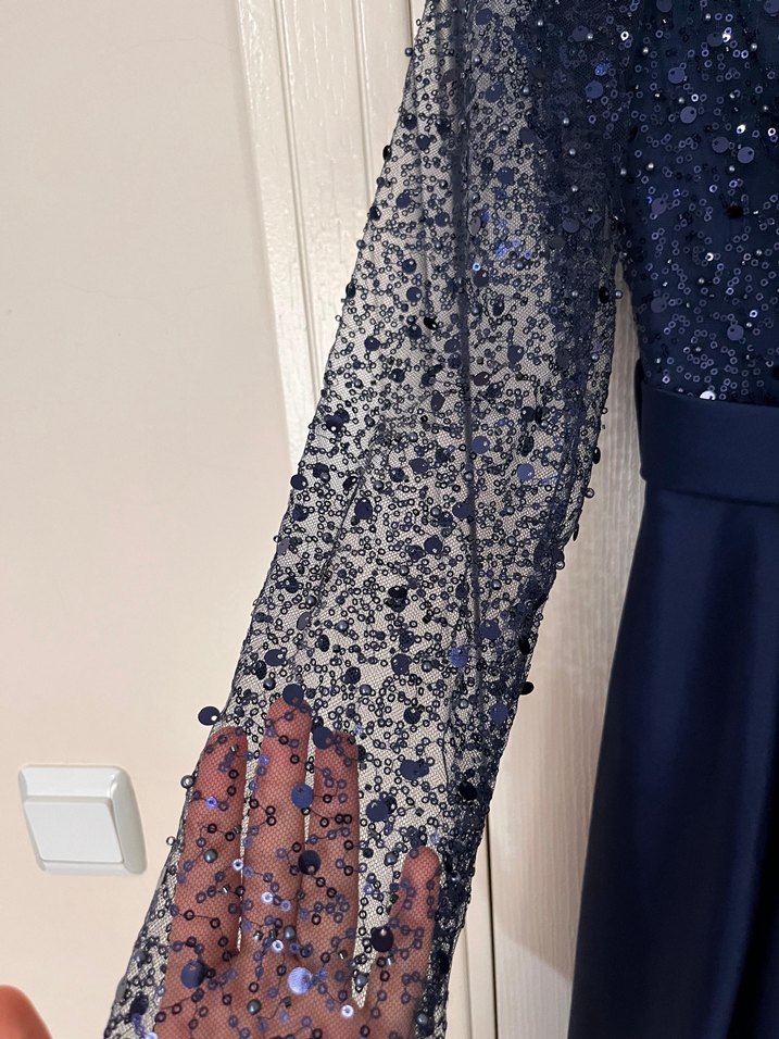 Uzun Kollu Lacivert Drapeli Abiye Elbise - Görsel 4