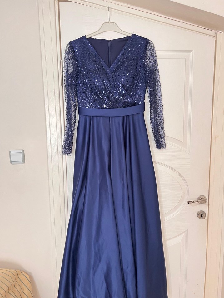 Uzun Kollu Lacivert Drapeli Abiye Elbise - Görsel 2