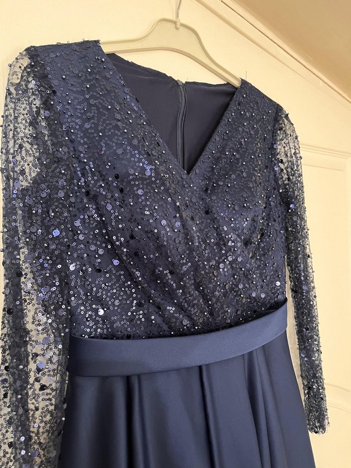 Uzun Kollu Lacivert Drapeli Abiye Elbise - Görsel 5