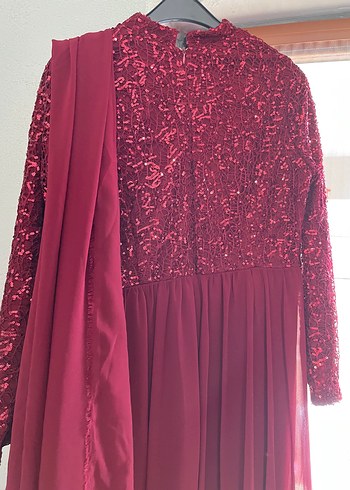 Bordo Uzun Kollu İşlemeli Abiye Elbise - Görsel 4