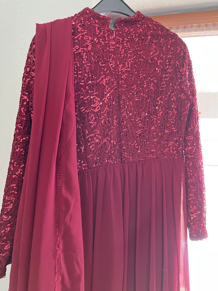 Bordo Uzun Kollu İşlemeli Abiye Elbise - Görsel 4