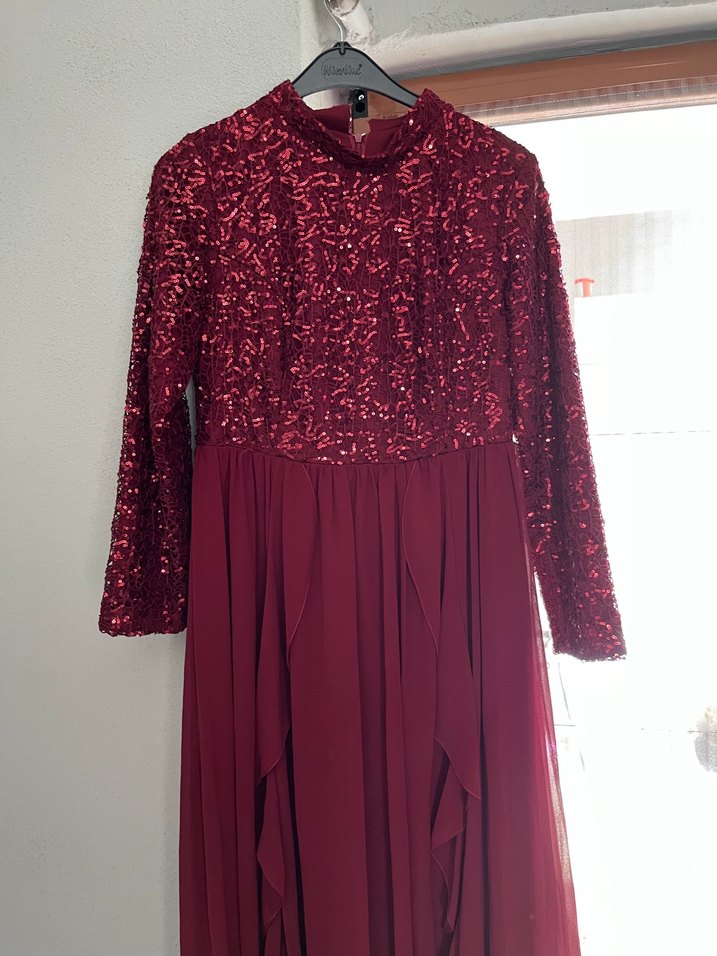 Bordo Uzun Kollu İşlemeli Abiye Elbise - Görsel 5