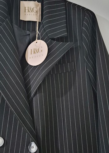 Düğmeli Siyah Çizgili Kadın Blazer - Görsel 6