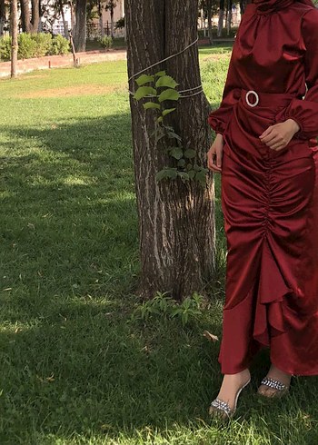 Bordo Uzun Drapeli Abiye Elbise