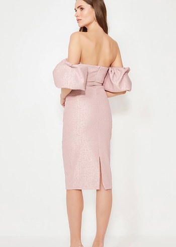 Pudra Mini Straplez Yılan Desenli Abiye Elbise - Görsel 6