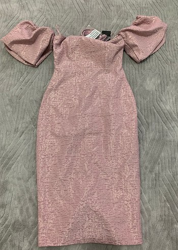 Pudra Mini Straplez Yılan Desenli Abiye Elbise - Görsel 9