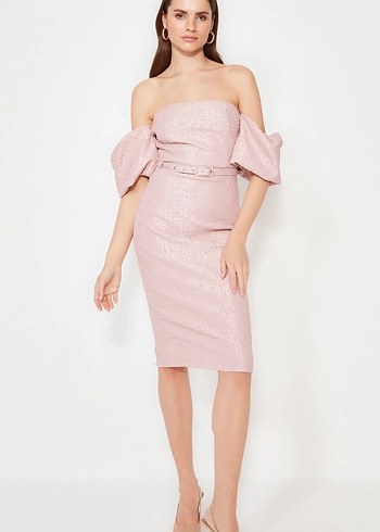 Pudra Mini Straplez Yılan Desenli Abiye Elbise - Görsel 3