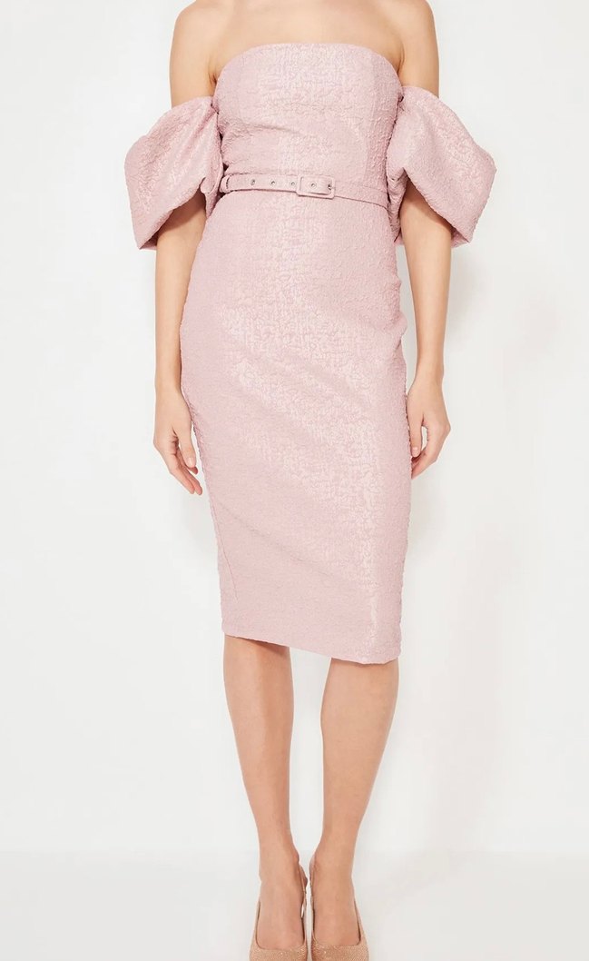 Pudra Mini Straplez Yılan Desenli Abiye Elbise - Görsel 4