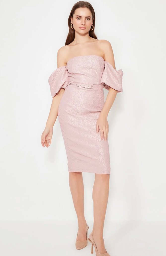 Pudra Mini Straplez Yılan Desenli Abiye Elbise - Görsel 3