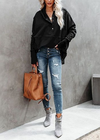 Diğer Siyah Kadın V Yaka Düğmeli Sweatshirt