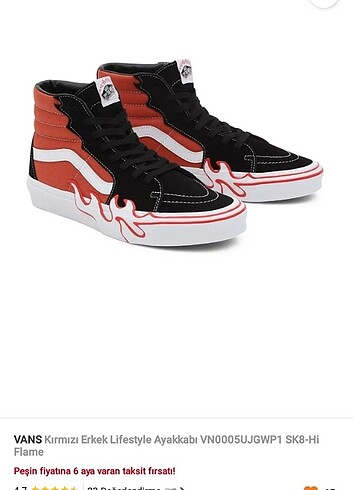 38 Beden kırmızı Renk Vans sk8 hi flame unisex ayakkabi