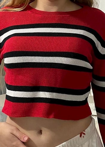 Kırmızı Çizgili Kadın Triko Sweatshirt