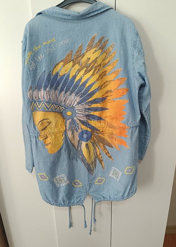 Bohem Uzun Kollu Baskılı Mavi Denim Ceket
