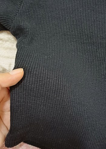 Standart Beden Beden Siyah fitilli düz crop