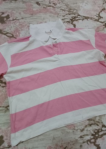 Pembe çizgili Polo Yaka crop - Görsel 3