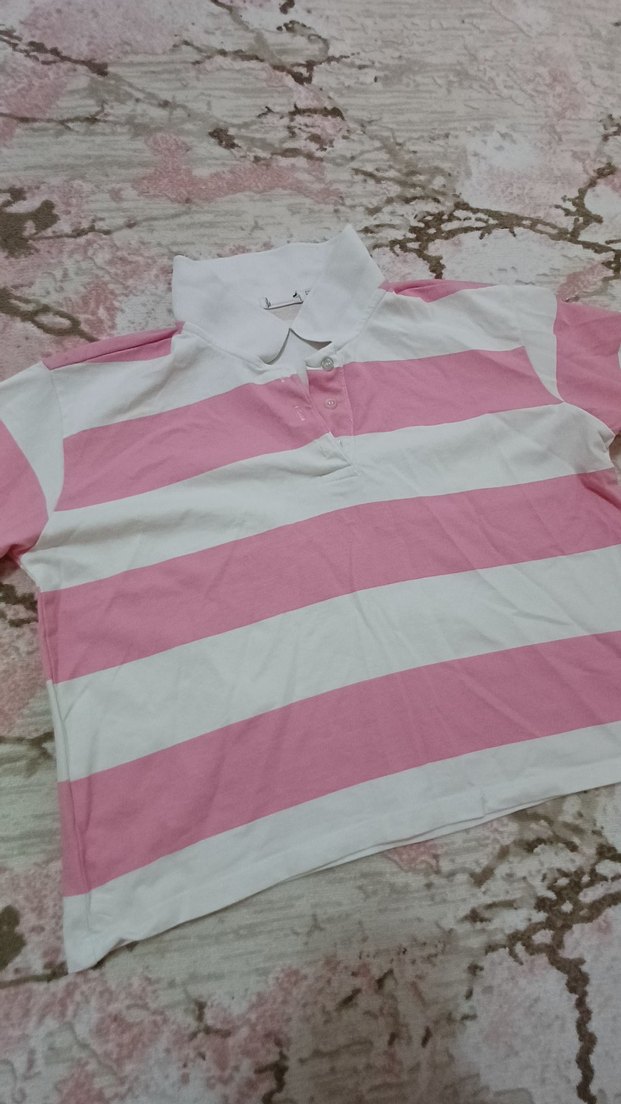 Pembe çizgili Polo Yaka crop - Görsel 3