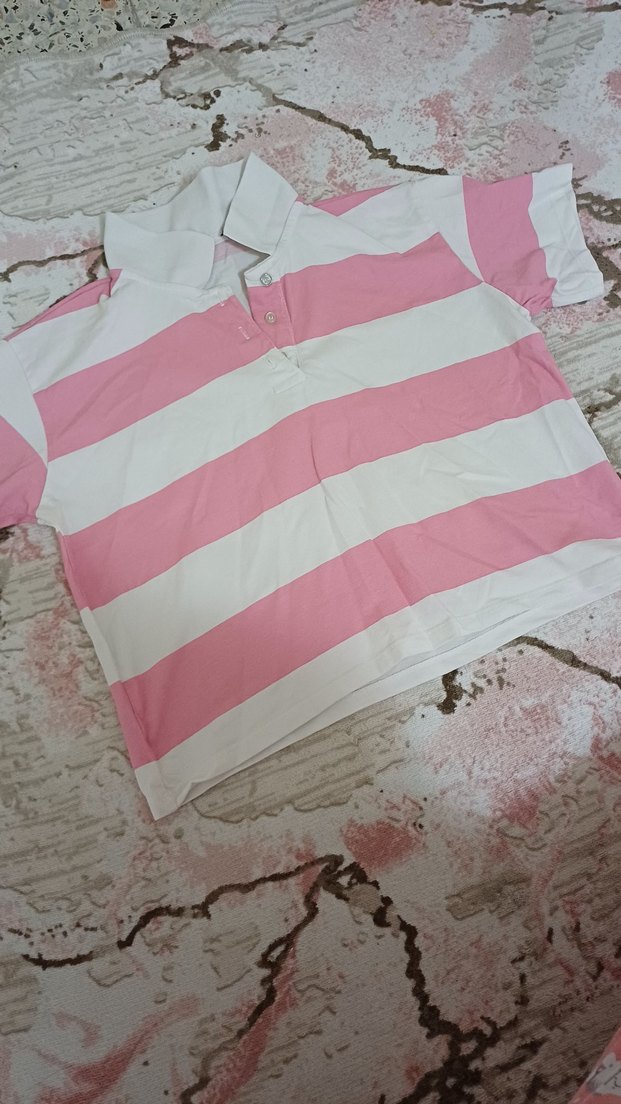 Pembe çizgili Polo Yaka crop - Görsel 2
