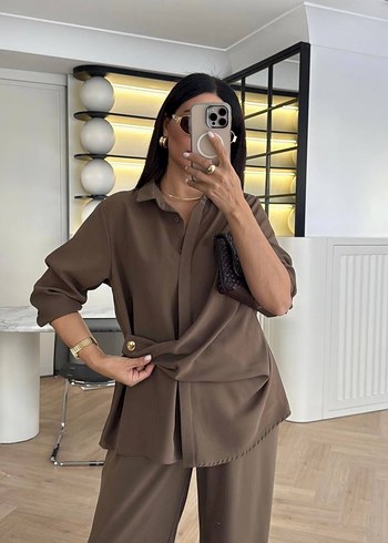 Diğer Kahverengi Takım Oversize Gömlek & Lastikli Palazzo Pantolon