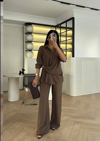 Kahverengi Takım Oversize Gömlek & Lastikli Palazzo Pantolon