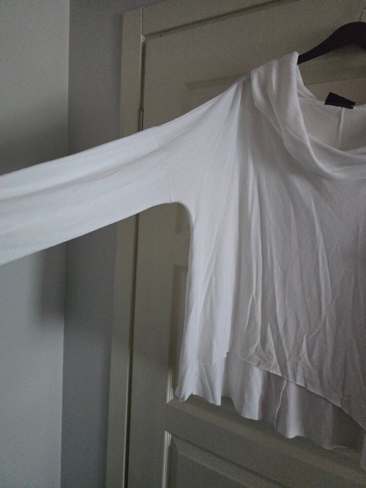 Beyaz Kadın Uzun Kollu Salaş Pamuklu Bluz - Görsel 2