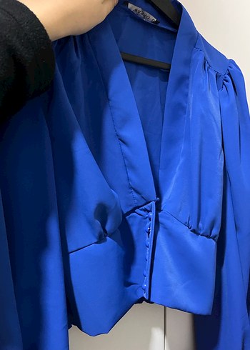 V Yaka Lacivert Düğmeli Kadın Bluz - Görsel 2