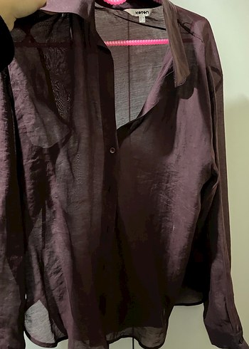 Bordo Keten Düğmeli Kadın Gömlek - Görsel 3