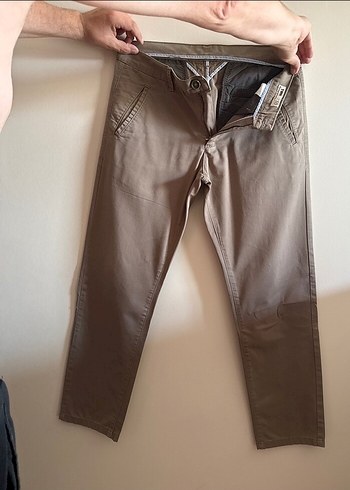 l Beden Bej Düğmeli Erkek Ofis Pantolonu