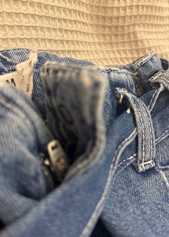 m Beden Kadın Gri Mavi Kemerli Bol Kesim Denim Pantolon