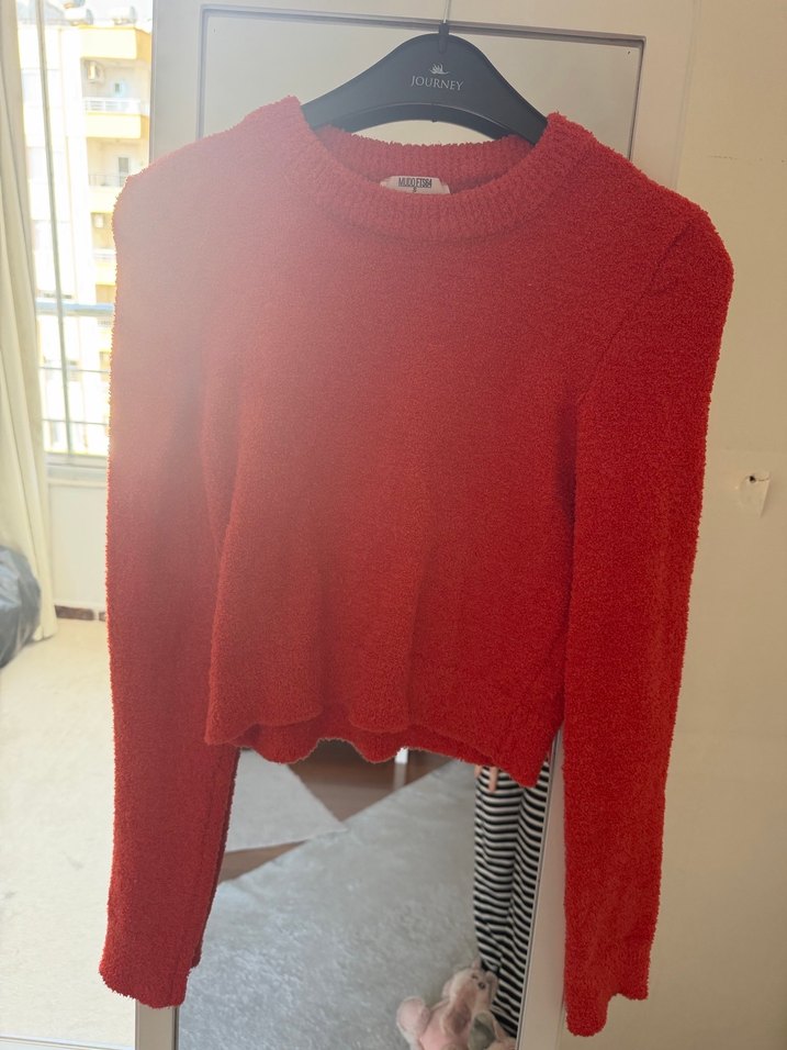 Kırmızı Kadın Örgü Yün Kazak - Görsel 4