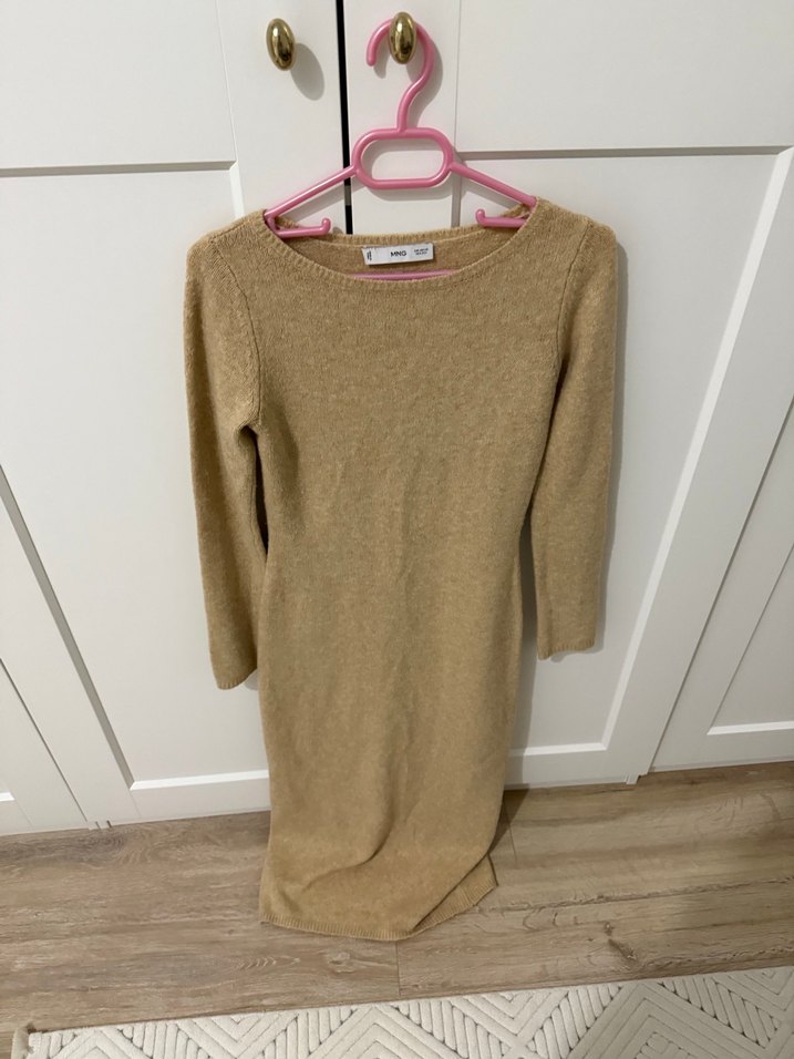 Bej Uzun Kollu Kadın Yün Elbise - Görsel 2