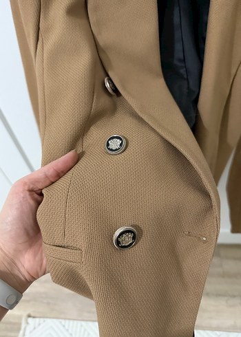 Düğmeli Bej Kadın Süet Blazer Ceket - Görsel 3