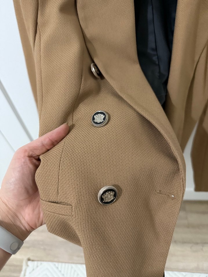 Düğmeli Bej Kadın Süet Blazer Ceket - Görsel 3