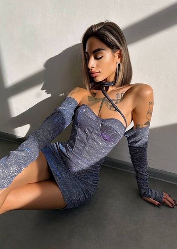 S-m-l  yanar dönerli Simli Straplez Mini Elbise - Görsel 2